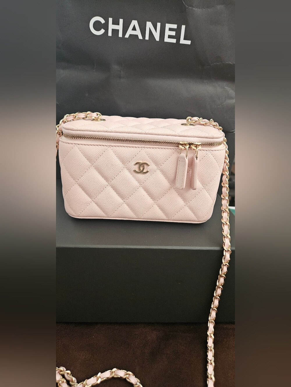 CHANEL Pink Quilted Vanity Crossbody with Gold Hardware